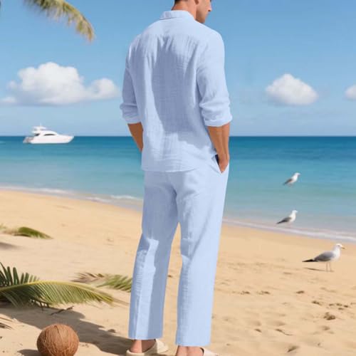 Cambkatl Men's Linen Beach Travel Outfits Long Sleeve Casual Button Down Shirt Matching 2 Piece Tracksuit Sets with Pockets