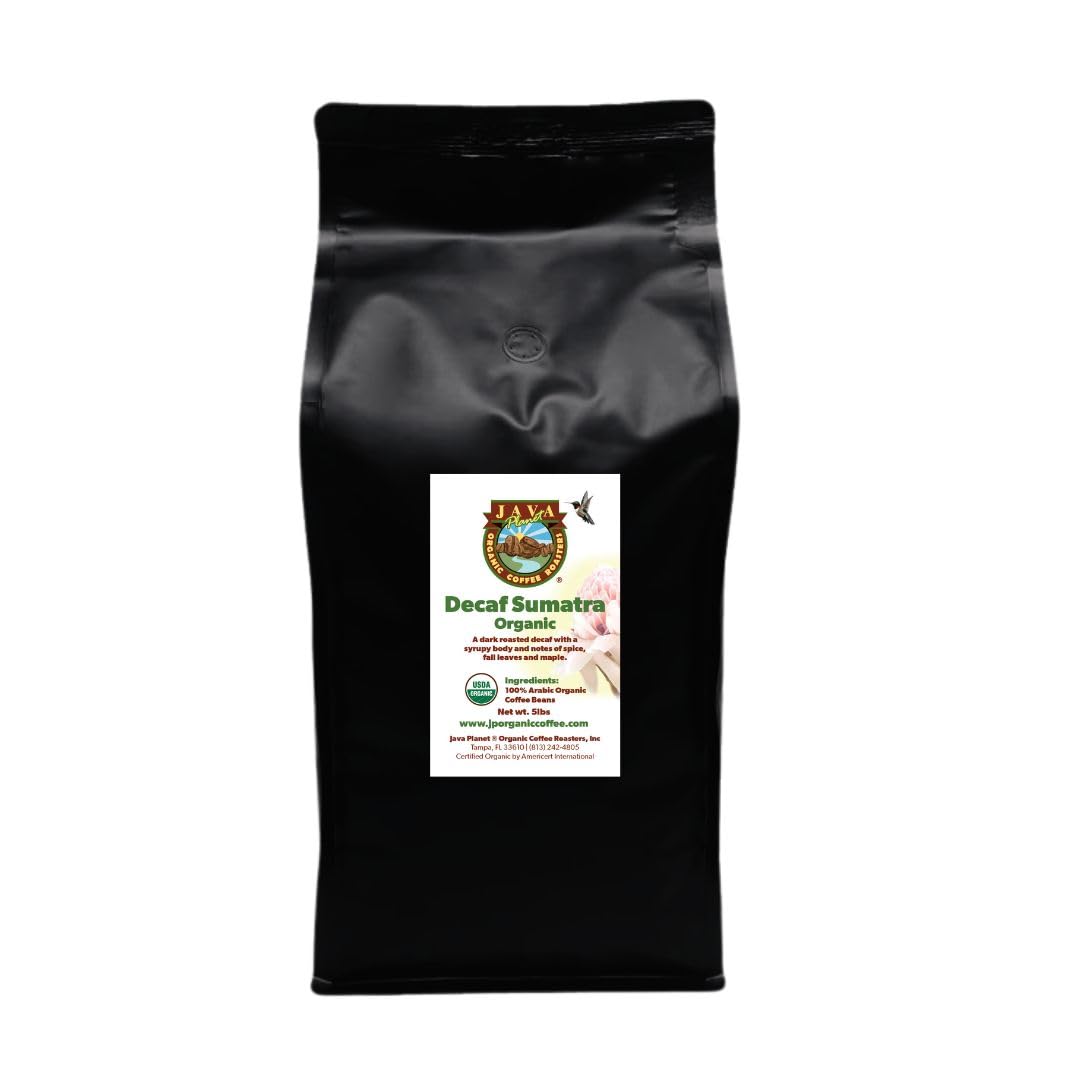 Low Acid Organic Coffee - Whole Bean, Mold-Free & Stomach Friendly by Java Planet, Sumatran Single Origin Decaf Coffee, Dark Roa