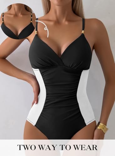 Aleumdr Women One Piece Swimsuit Tummy Control V Neck Ruched Bathing Suit Push Up Gold Metal Modest Slimming Swimwear