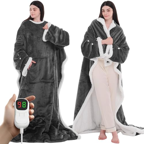 PLOATH Heated Electric Blanket Shawl: Heating Throw Heated Poncho - Wearable Blanket Hoodie Wrap Sherpa with 10 Heat Level...