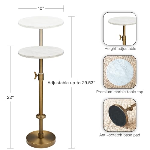 Adjustable-Height Marble Drink Table - 10x10x22-30, White Marble & Antique Brass, Modern Round End Table, Side Table with ...