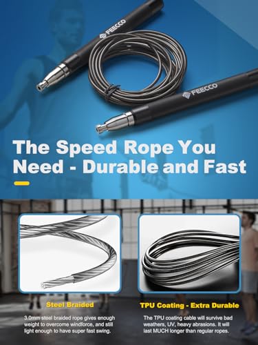 FEECCO Speed Jump Rope - Quick Rope Adjustment, Metal Handles with Silicone Grip