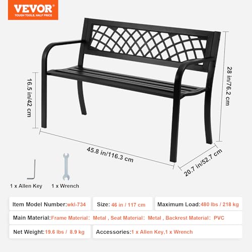 VEVOR Outdoor Bench, 46" Iron Steel Frame Garden Park Bench with Mesh Pattern and Plastic Backrest Armrests, Patio Bench f...