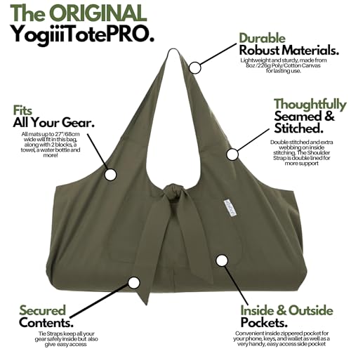 Yogiii Yoga Mat Bag | The ORIGINAL YogiiiTotePRO | Large Yoga Mat Bag or Yoga Mat Carrier with Side Pocket | Yoga Bag Fits...