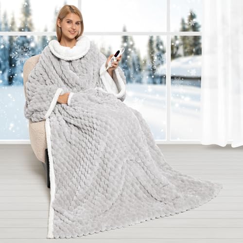 Electric Blanket Heated Throw, Soft Flannel & Sherpa Wearable Heated Blanket with Sleeves, Heating Wearable Blanket with 6...