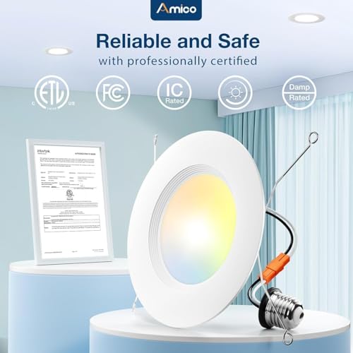 Amico 4 Pack 5/6 inch 5CCT LED Recessed Lighting, Dimmable, 12.5W=100W, 950LM, 2700K/3000K/4000K/5000K/6000K Selectable, R...