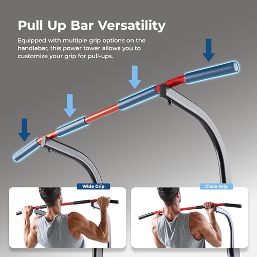 Sunny Health & Fitness Power Tower, Dip Bar, Push-Up & Pull Up Assisting Parallette Station w Optional Rock Climbing Grip ...