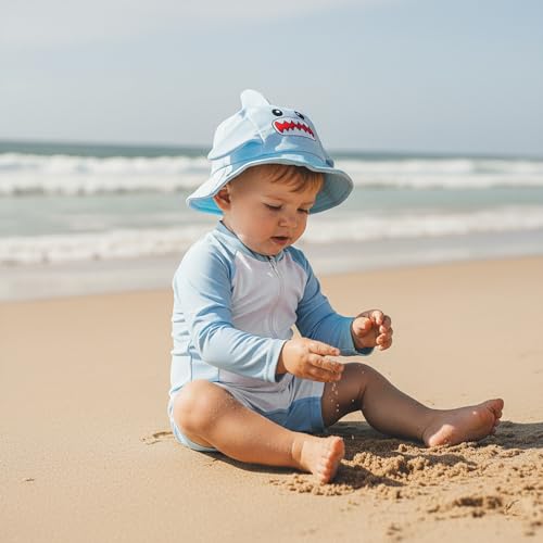 Baby Boy Rash Guard Swimsuit Color Block Long Sleeve Zipper One Piece Swimwear Toddler Bathing Suit ＋ Shark Sun Cap