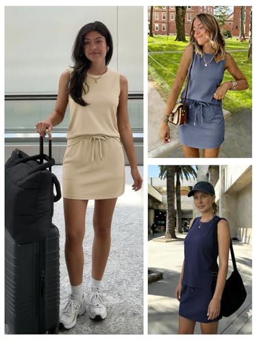 ATHMILE Two Piece Skirt Sets for Women Summer Beach Vacation Outfits Tennis Skirt Crew Neck Top Versatile Lounge Sets