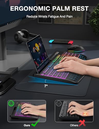 Wireless Keyboard and Mouse Combo - 9 Backlit Effects, RGB, Ergonomic Wrist Rest, Phone Holder, 2.4G Full Size, Rechargeab...