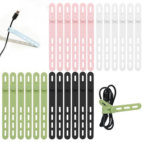 Donruby 24Pcs Silicone Cable Ties - Reusable & Washable with Locking Buckles, Adjustable Fastening Cable Management Strap...