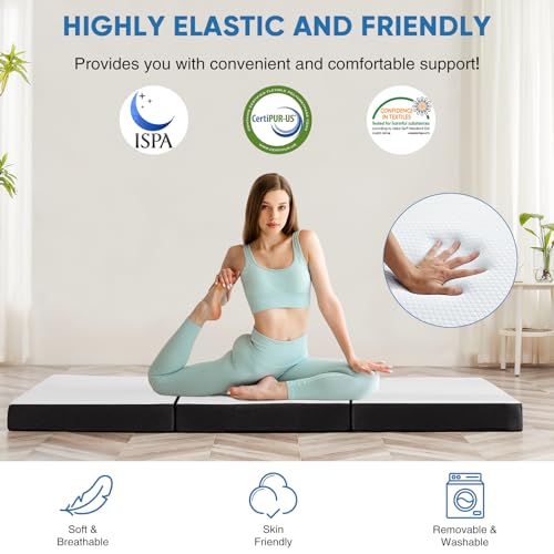 OLIXIS Tri-fold Memory Foam Mattress - 3 Inch Single Size Portable Floor Bed, Foldable Mat for Adults, Collapsible and Was...