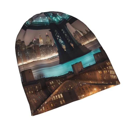 New York Manhattan Bridge Night Print Soft Beanie Hat for Men Women Warm Fashion Cap for Jogging Cycling Gift Outdoor Use ...