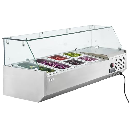 VEVOR Refrigerated Condiment Prep Station, 130 W Countertop Refrigerated Condiment Station, with Two 1/3 Pans & Four 1/6 Pans, 304 Stainless Body and PC Lid, Sandwich Prep Table with Glass Guard