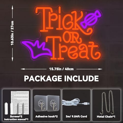 Trick or Treat Neon Sign for Wall Decor Dimmable LED Neon Halloween Light for Wall Decor, LED Halloween Light Up Sign Deco...