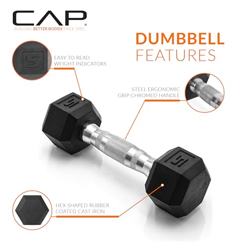 CAP Barbell 5 LB Rubber Coated Hex Dumbbell Hand Weight - Pair | Chrome Handle