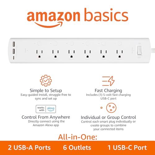 Amazon Basics Smart Plug Power Strip with 6 Individually Controlled Outlets and 3 USB Ports (2 USB-A and 1 USB-C), Works w...
