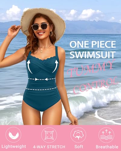 Daci One Piece Swimsuit for Women - Tummy Control Bathing Suit with Scalloped Square Neck Retro Swimwear 2026