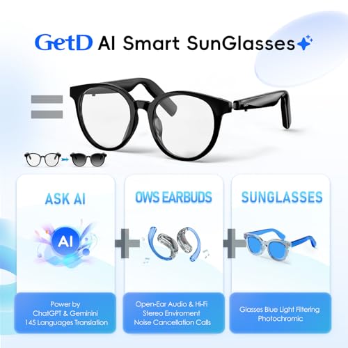 GetD AI Glasses for Men & Women, Smart Glasses Powered by ChatGPT with 145-Language Translation,Bluetooth 5.4 Glasses, Pol...