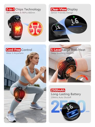 ROMISA Red Light Therapy Knee Brace with Heat & Massage, Cordless Rechargeable Controller, 20Min Auto Timer, 660nm & 850nm...