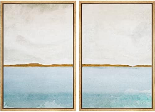 SIGNWIN Framed Canvas Print Wall Art Set Gold Blue Ocean Sea Beach Landscape Nature Wilderness Illustrations Modern Art Decorative Rustic for Living Room, Bedroom, Office - 16"x24"x2 Natural