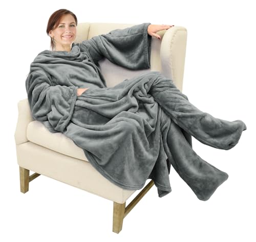 Catalonia Wearable Fleece Blanket with Sleeves and Foot Pockets for Adult Women Men, Micro Plush Comfy Wrap Sleeved Throw ...