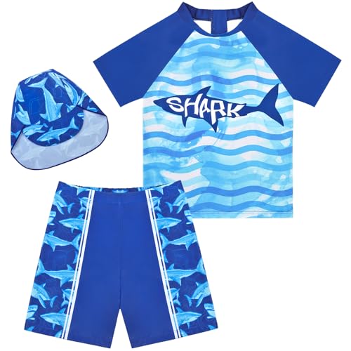 AuSletie Boys Two Pieces Swimsuit Set Short Sleeve Kids Rash Guard Dinosaur Boys Bathing Suit with Sun Cap for 2-6 Years