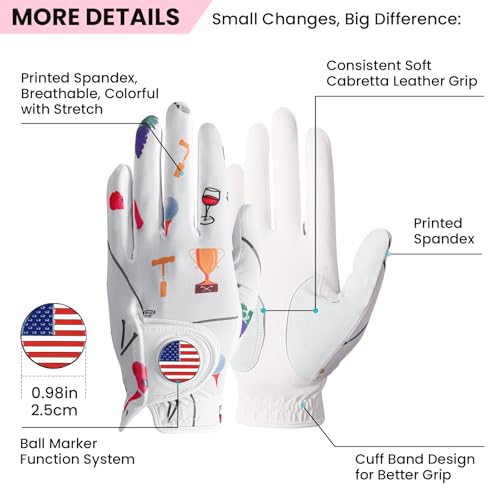 Amy Sport Womens Golf Glove with Ball Marker Rain Left Right Hand Leather Printed Pack, Ladies Golf Gloves All Weather Gri...