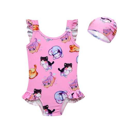 TOSUKAI Girls Graphic Swimsuit Ruffle Bathing Suits Kids Swimwear with Cap 6-12 Years