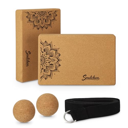 Soulchen 5 Pack Yoga Accessories for Women Set Yoga Block 2 Pack with Strap Massage Ball for Meditation Pilates Cork Block...