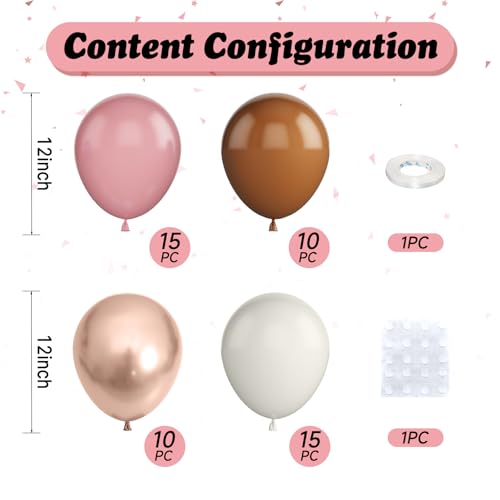 Dusty Pink and Brown Balloons, 50PCS 12Inch Boho Balloon with Blush Pink and Brown Rose Gold White Sand Latex Balloons for...