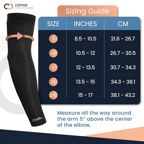 Copper Compression Arm Sleeve - Copper Infused Full Arm Brace for Forearm, Bicep, Triceps - Tennis Elbow, Basketball, Gol...