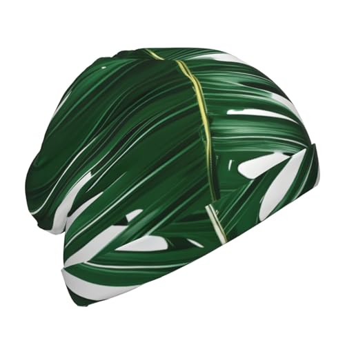 Green Palm Leafs Print Soft Beanie Winter Hat Warm Thermal Cap Headwear for Snow Play Outdoor Activities