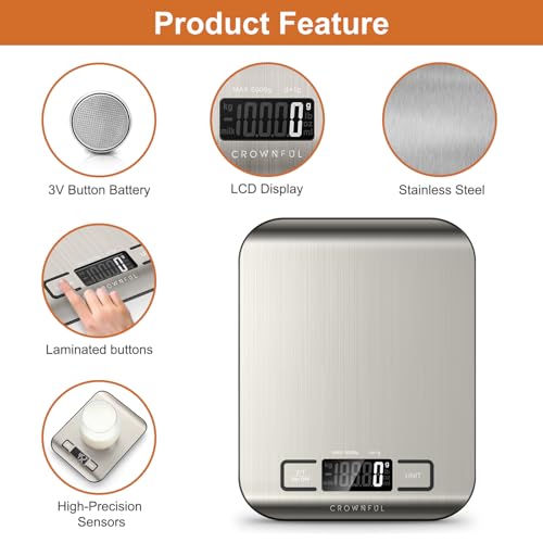 CROWNFUL Food Scale, 11 lb Digital Kitchen Scales with Built-in Coin Battery, Weight Ounces and Grams for Cooking and Baki...