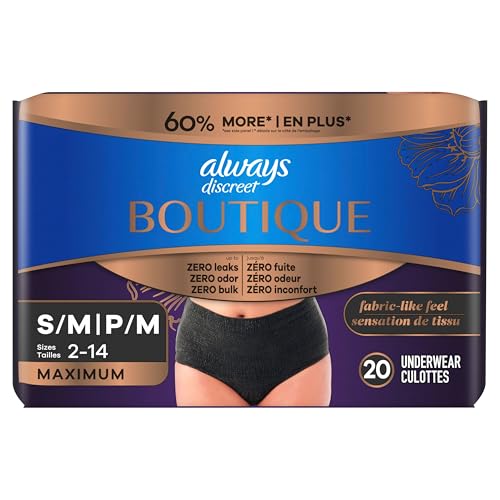 Always Discreet Boutique Incontinence and Postpartum Underwear for Women, Maximum Protection, Small/Medium, Black, 20 Count