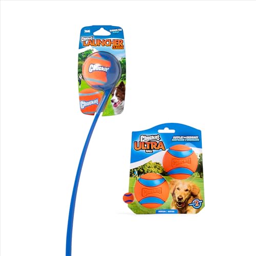 Chuckit! Ultra Dog Ball & Launcher Bundle Classic 26M 26" Length with 2 Pack Medium (2.5") Bouncy Fetch Balls for Dogs 20-...
