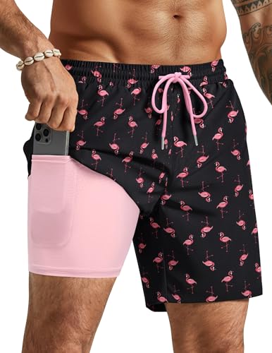 COOFANDY Mens Swim Trunks with Compression Liner Quick Dry 7 Inch Bathing Suit Beach Short with Zipper Pockets