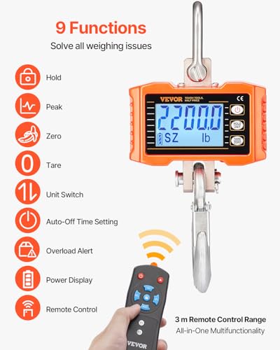 VEVOR Digital Crane Scale, 2200 lbs/1000 kg, Industrial Heavy Duty Hanging Scale with Remote Control, Cast Aluminum Case &...