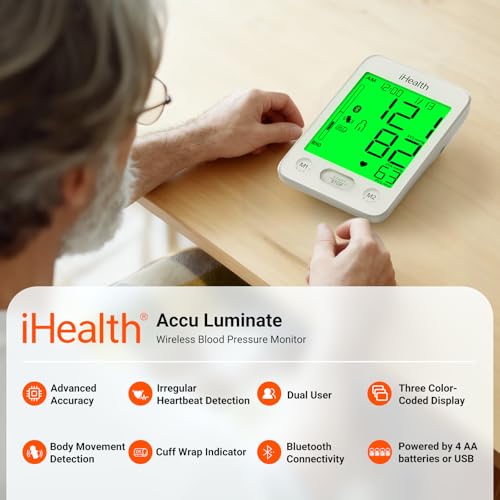 iHealth Accu Luminate Blood Pressure Monitor – 4.5" Tri-Color WHO-Based LCD(White), Clinically Accurate, Irregular Heartbe...