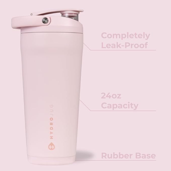 HydroJug 24 oz New Stainless Steel Shaker – Insulated, Leakproof, BPA-Free with Silent Mixing Grate – No Clumps, No Noise – Premium Shaker for Fitness, Sports & Everyday Use, Pink Sand