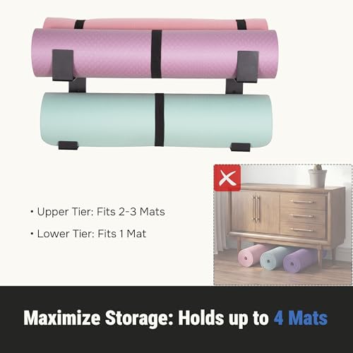 RoakyRoasy Yoga Mat Holder with Protective Padding Wall Mount Steel Storage Rack, 2 Tier Adjustable Width Hanger for up to...