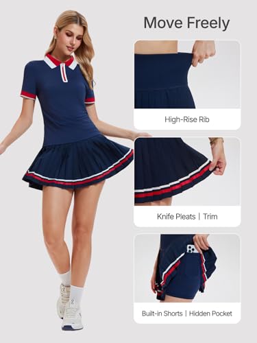 IUK Women's 2-Piece Tennis Skirt Set, Polo V-Neck Top & High-Waisted Pleated Skirt, Athletic Outfit for Golf Pickleball