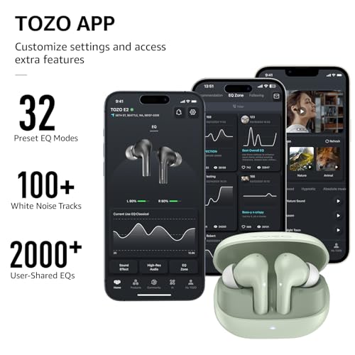 TOZO E2 Wireless Earbuds with 2 Mics AI Call Noise Cancellation, 10mm Drivers with Powerful Bass, App Customize 32 EQs, 30...