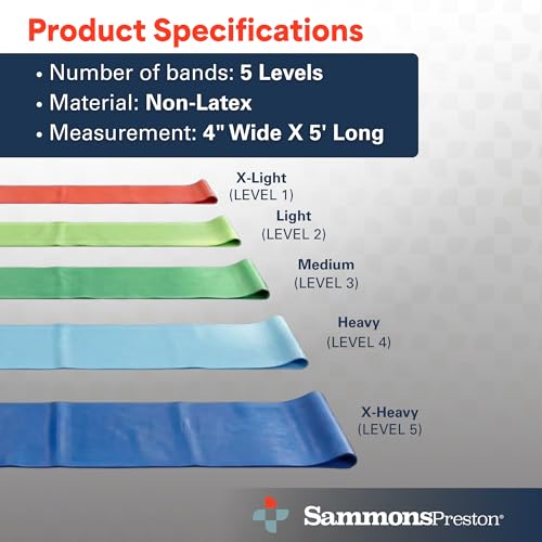 Sammons Preston 5pk Resistance Bands for Working Out, Color‑Coded Non‑Latex Exercise Bands, 5 ft Stretch Bands for Physica...