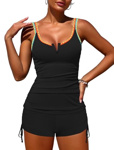 ZAFUL Women's V-Wire Tankini Swimsuits Tummy Control Ruched Top Two Piece Bathing Suits with High Waisted Shorts
