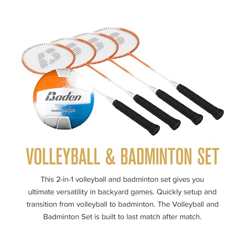 Baden Champions Volleyball/Badminton Portable Combo Set, 4 Raquets + 3 Birdies + Boundary + Volleyball + Pump + Carry Bag