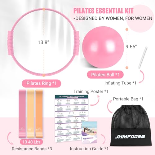 JHMFDDSB Pilates Ring Set, Pilates Essentials Kit with Pilates Ring and Ball, 3 Resistance Bands, Portable Bag & Training ...