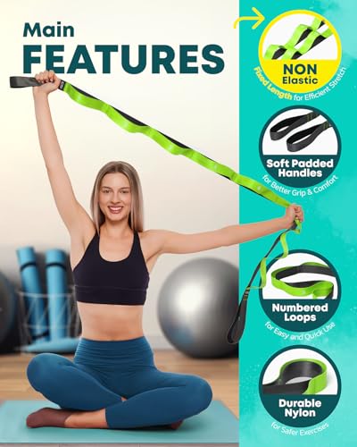 Stretching Strap with Loops - Non Elastic Stretch Band for Physical Therapy, Yoga Strap for Stretching Equipment, Stretch ...