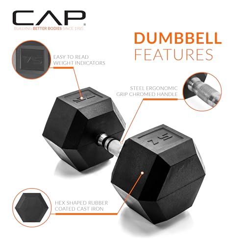 CAP Barbell 75 LB Rubber Coated Hex Dumbbell Hand Weight - Pair | Chrome Handle