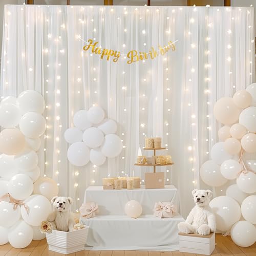 10ft x 10ft White Chiffon Backdrop Curtain with Lights String for Parties,2 Panels Sheer Tulle Curtain Wedding Backdrop wi...